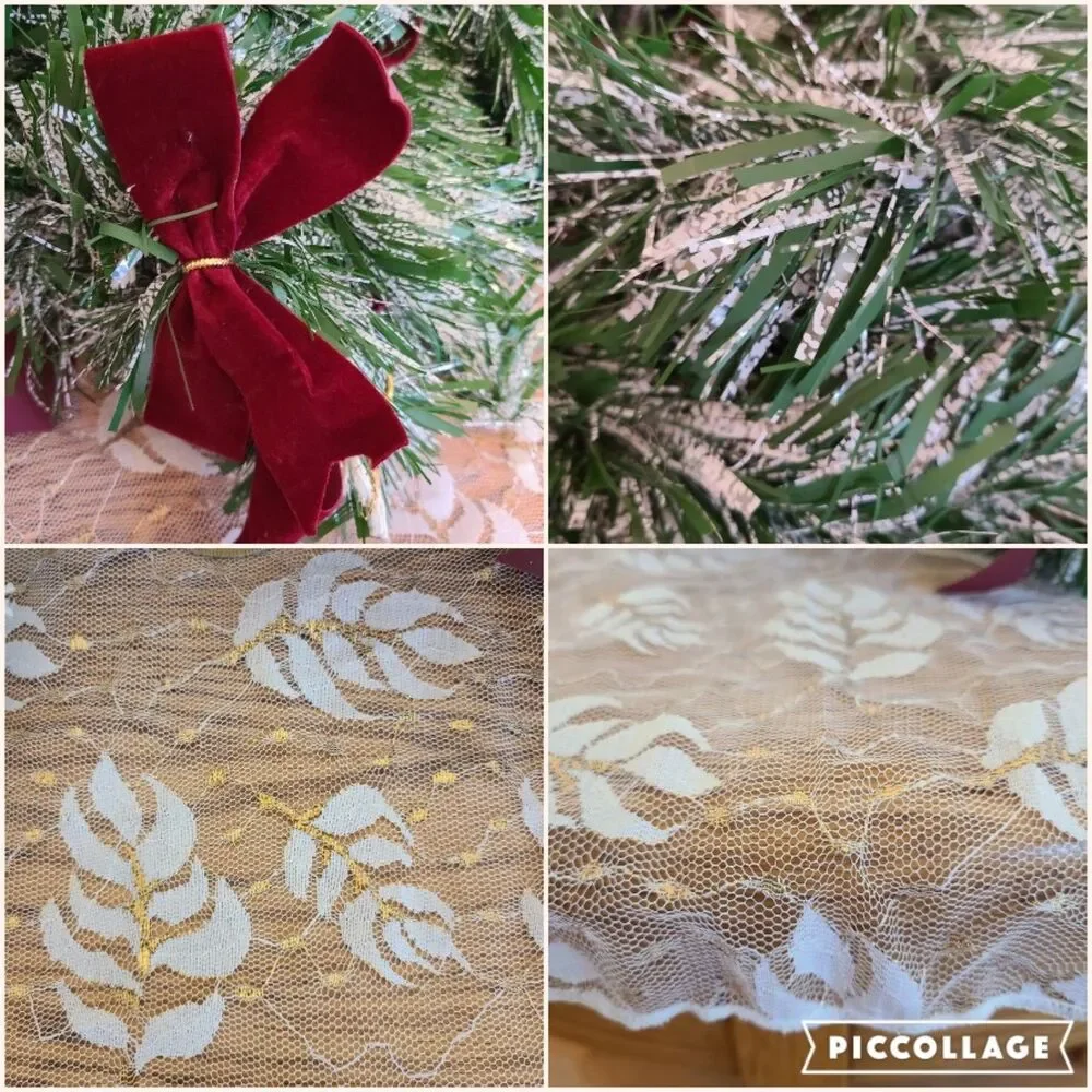 Vintage Holiday Decor Bundle Wire Basket | Garland | Ribbon | Satin Bag | Lace
